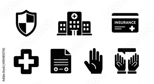 Healthcare Icons: Shield, Hospital, Insurance Card, Cross, Document, Glove, Hands