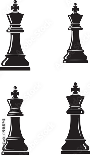 Four black chess pieces stand on a white background in close proximity