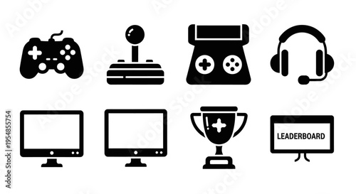 Gaming Icons Set: Controller, Joystick, Headset, Monitor, Trophy, Leaderboard