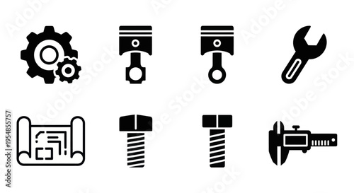 Mechanical Engineering Icons: Gears, Pistons, Wrench, Blueprint, Bolts, Caliper