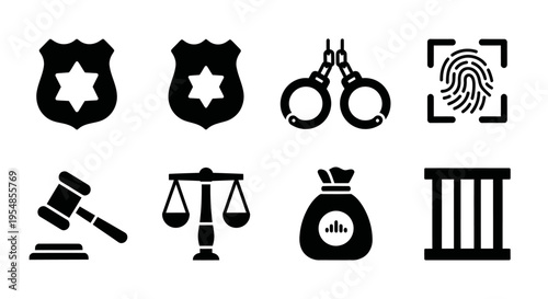Justice and Law Icons: Police Badge, Handcuffs, Fingerprint, Gavel, Scales, Money Bag, Jail