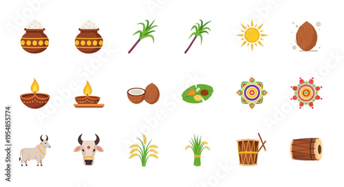 Pongal Festival Icons: Pot, Sugarcane, Sun, Coconut, Lamp, Kolam, Bull, Rice