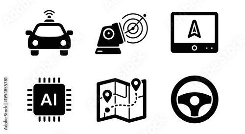 Autonomous Driving Technology Icons: AI, GPS Navigation, Radar, Car, Map, Steering Wheel