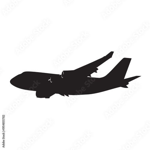 Silhouette of cargo airplane in flight against a white background