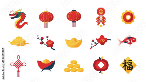 Chinese New Year Icons: Dragon, Lanterns, Firecrackers, Gold, Fish, Flowers, Clouds