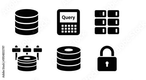 Database Icons: Server, Query, Storage, Network, Security, Data Management