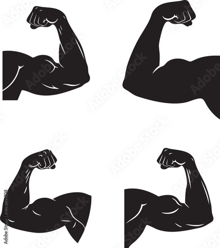 Four muscular arms flexing biceps in various positions showcasing strength.