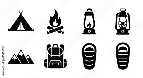 Camping Icons: Tent, Fire, Lanterns, Mountains, Backpack, Sleeping Bags