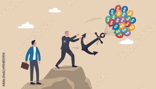 Monetary policy to lower inflation, keep cost expense low profit, FED central bank interest rate control metaphor, businessman government burden anchor tie money dollar balloon