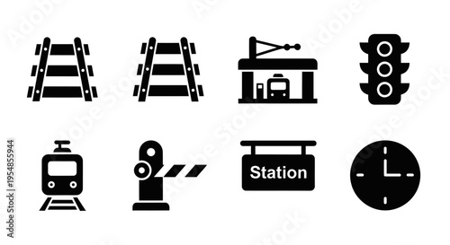 Train Station Icons Set: Railway, Traffic Light, Train, Barrier, Clock