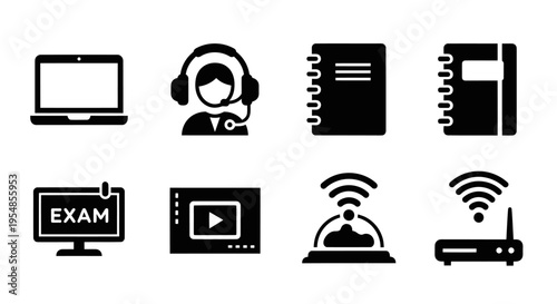 Online Education and Communication Icons: Laptop, Headset, Notebook, Wi-Fi, Exam