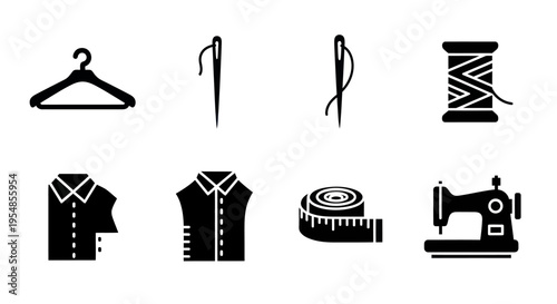 Sewing Icons Set: Hanger, Needles, Thread Spool, Shirt, Measuring Tape, Sewing Machine