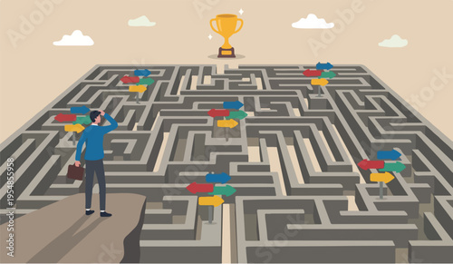 Path goal and win trophy, solve problem or business decision concept, contemplation businessman finding the way in labyrinth to reach target.
