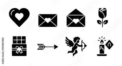 Valentine's Day Icons: Heart, Envelope, Rose, Chocolate, Cupid, Candle, Arrow