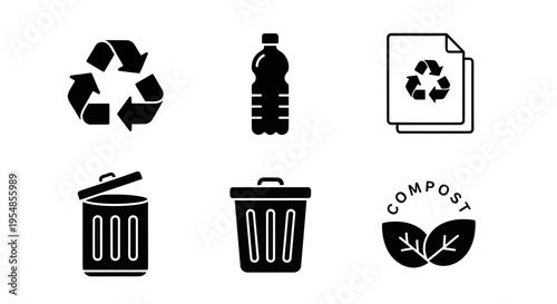 Recycling and Waste Management Icons: Recycle, Bottle, Compost, Bins