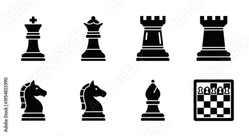 Chess Pieces Icons Set - King, Queen, Rook, Knight, Bishop, Board