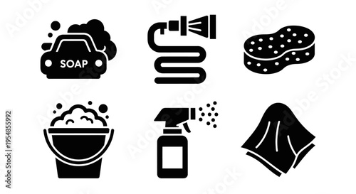 Car Wash Icons: Soap, Hose, Sponge, Bucket, Spray Bottle, Cloth