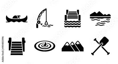 Lake and Mountain Icons: Canoe, Fishing, Dock, Water, Mountains, Oars