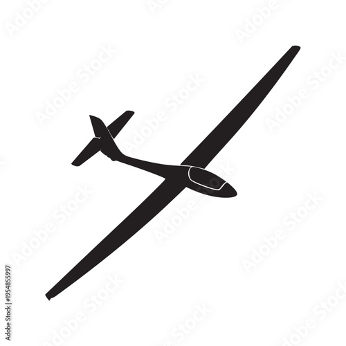Black silhouette of a glider airplane in flight against a white background