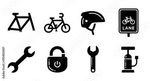 Bicycle Icons: Frame, Bike, Helmet, Lane Sign, Wrench, Lock, Pump