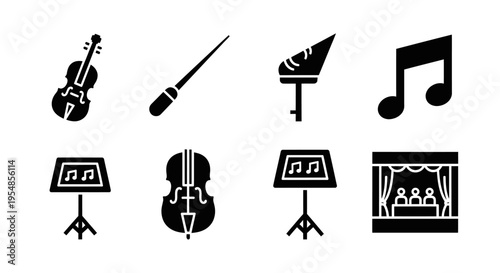 Music Icons: Violin, Cello, Conductor, Notes, Stage, Stand