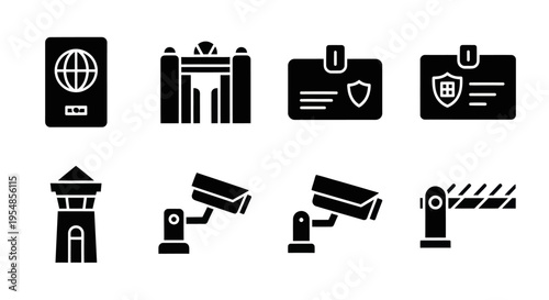 Security Icons: Passport, Gate, ID Cards, Guard Tower, Cameras, Barrier