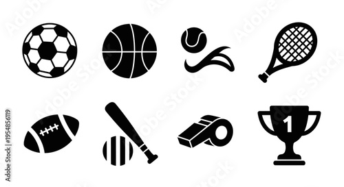 Sports Icons Set: Soccer, Basketball, Tennis, Baseball, Football, Trophy, Whistle
