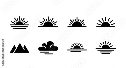 Sunrise and Sunset Icons: Sun, Clouds, Mountains, Horizon