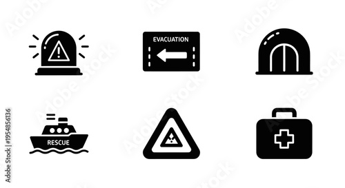 Emergency Icons: Siren, Evacuation, Shelter, Rescue Boat, Warning, First Aid