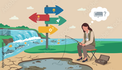 Fail to opportunity, uninspired employee creativity, motivation, corporate success challenge, bored woman blindly sit fishing wrong at ignore success opportunity