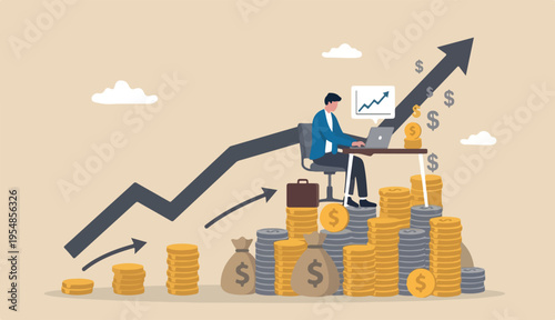 Revenue growth or investment profit increase earning or wealth accumulate, growing income too financial analysis concept, businessman working with computer laptop dollar sign money with rising graph