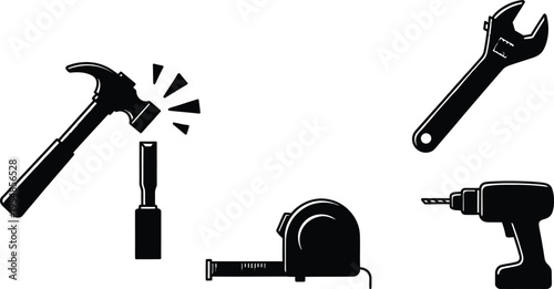 hand tools set with hammer, wrench, and drill isolated vector illustration