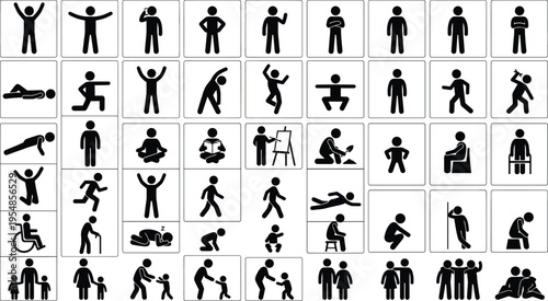 Collection of human pictogram icons, diverse people activities, disability symbols, sports actions, family figures, workplace signs, vector illustration set isolated