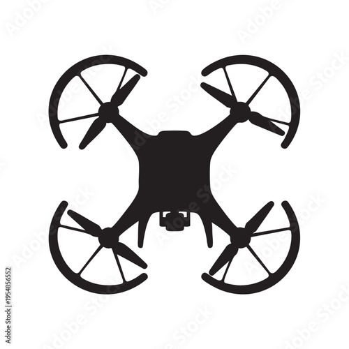 Top down view of a drone with four propellers black and white vector silhouette