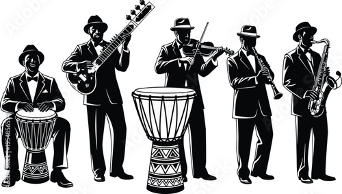 Black and white musician band illustration, traditional jazz ensemble playing drums, guitar, violin, saxophone, cultural music performance artwork