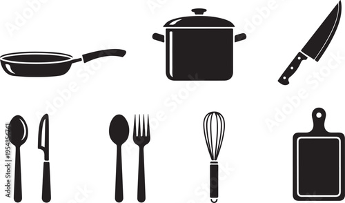 Black and white of various kitchen utensils and appliances kitchen appliances frying pan desi