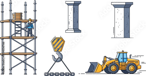 construction site equipment and machinery flat design vector illustration