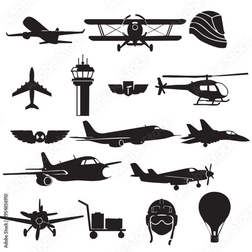 Collection of aviation icons and silhouettes featuring various aircraft types pilot gear and airport equipment
