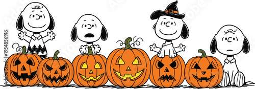 Cute Halloween cartoon kids with carved pumpkins, spooky jack o lantern characters, festive costumes, autumn holiday illustration, playful seasonal artwork