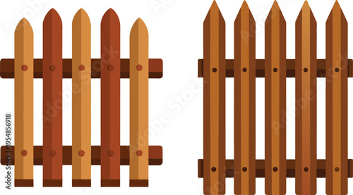 Set of brown timber picket fence panels and gates with a weathered wood plank texture isolated on white for garden farm security and outdoor barrier design