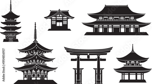 Black and white of traditional pagodas and stupas from asia temple architecture