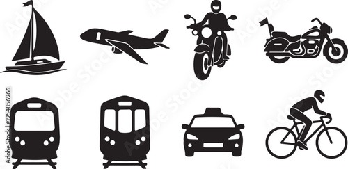 Black and white of transportation modes including airplane bicycle bus car motorcycle scooter