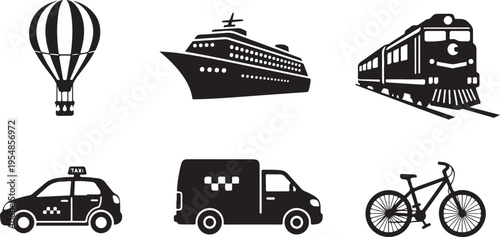 Black and white of transportation modes including car bus train bicycle and airplane