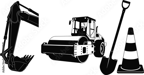 road construction equipment set with roller, excavator, and traffic cone vector illustration