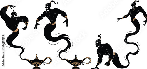 Magic genie silhouettes emerging from ancient lamp, Arabian folklore concept, mystical smoke figures, fantasy illustration, decorative vector design