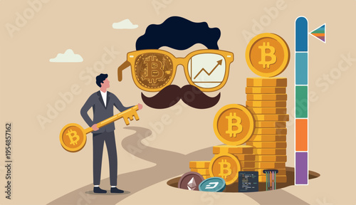 Bitcoin whale or anonymous who rich with bitcoin crypto trading, cryptocurrency guru or success investor with no identity concept, fancy nerd eyeglasses with precious Bitcoin symbol and mustache