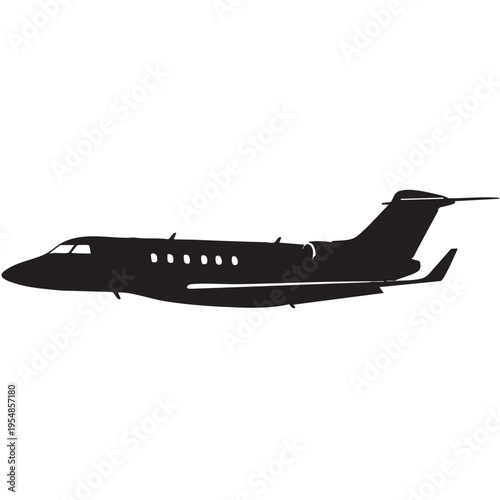 Silhouette of a sleek private jet airplane parked on white background, elegant design