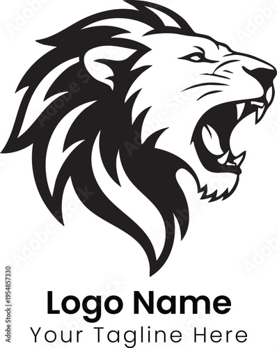 A fierce lion head illustration shows an open-mouthed roar in profile