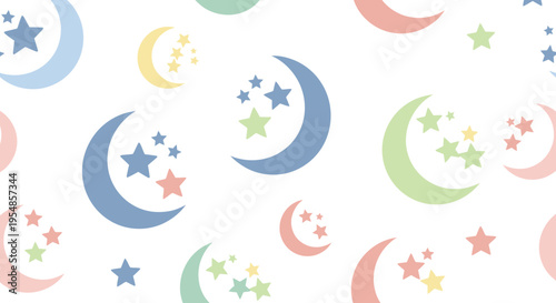 Cute Crescent Moon and Stars Pattern - Pastel Colors on White Background