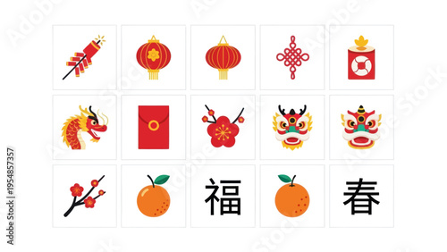 Chinese New Year Icons: Dragon, Lanterns, Firecracker, Red Envelope, Orange